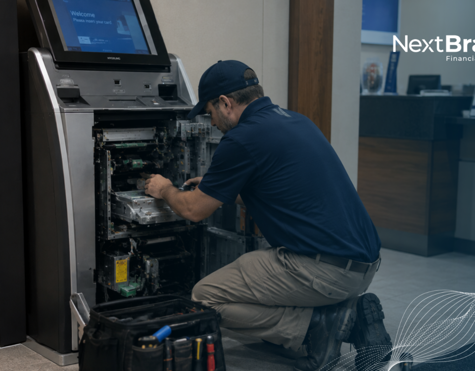 Field technician servicing an open Hyosung ATM inside a bank branch lobby